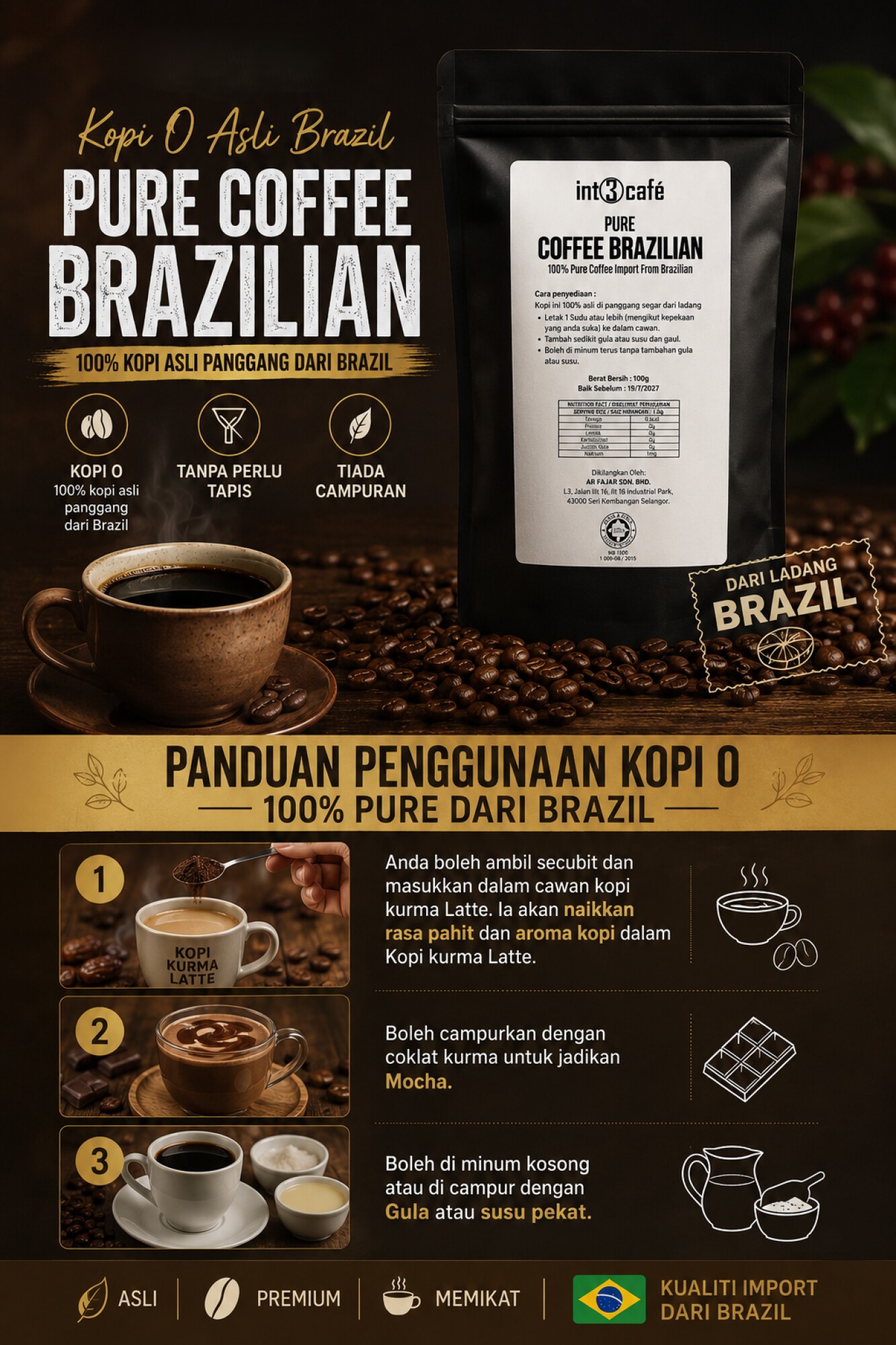 Kopi 0 Panggang 100% Pure from Brazil (Packaging Gold)